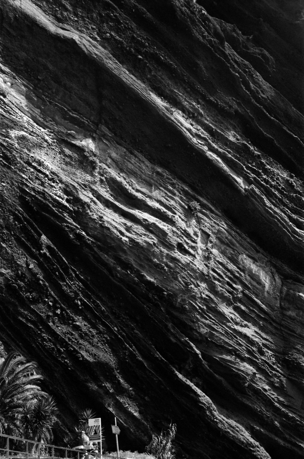 Diagonal basalt cliffs, black and white
